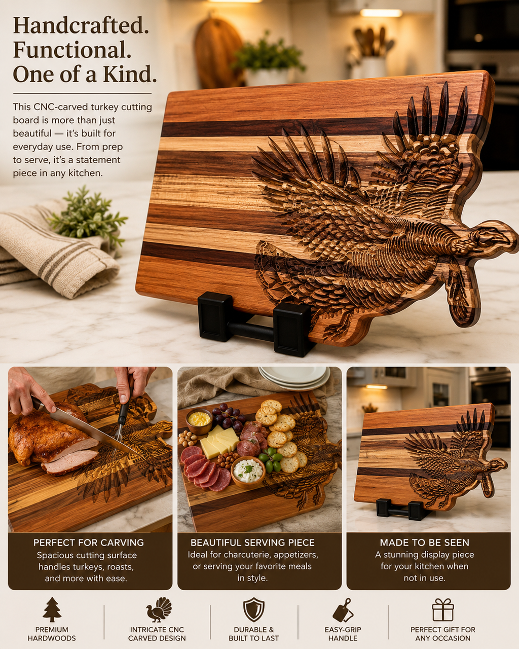 Handcrafted CNC-Carved Turkey Cutting Board
