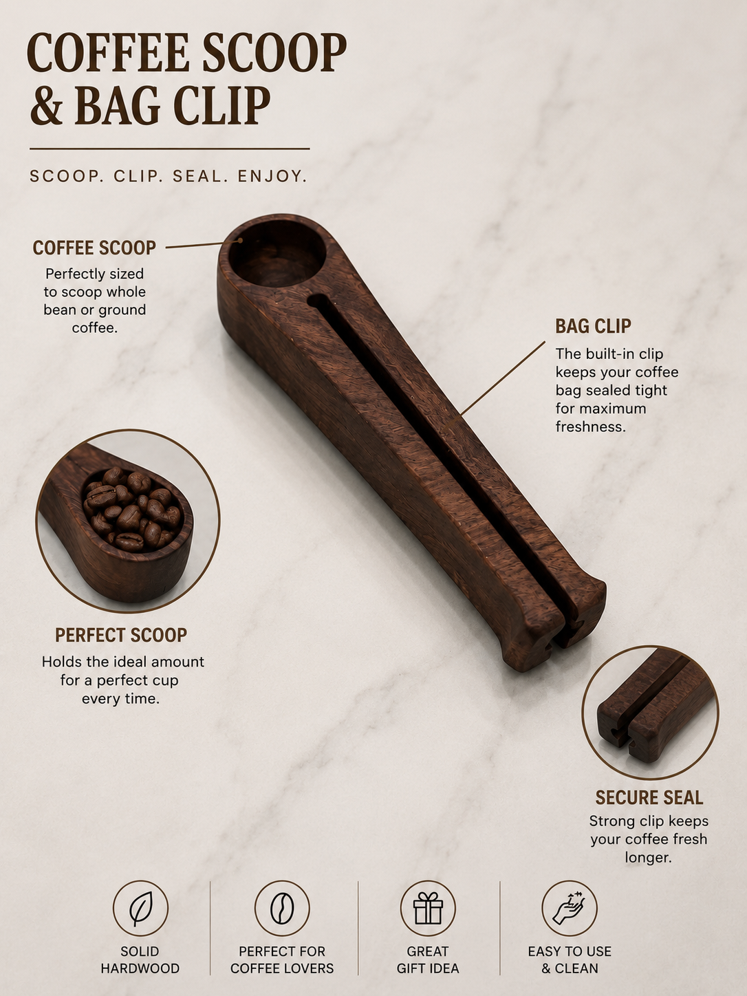 2-in-1 Wooden Coffee Scoop and Bag Clip
